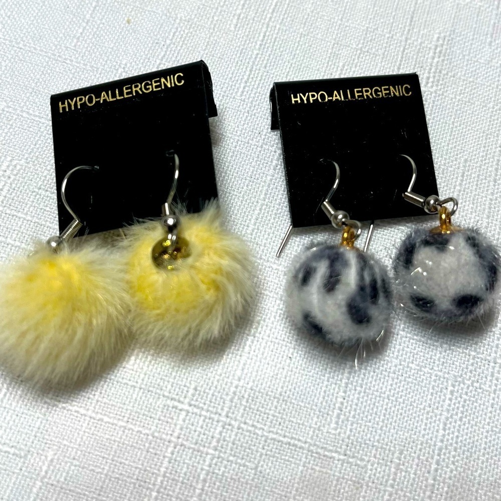 Pom Pom Fuzzy Cream and Gray Earrings. Handmade. Hypo allergenic